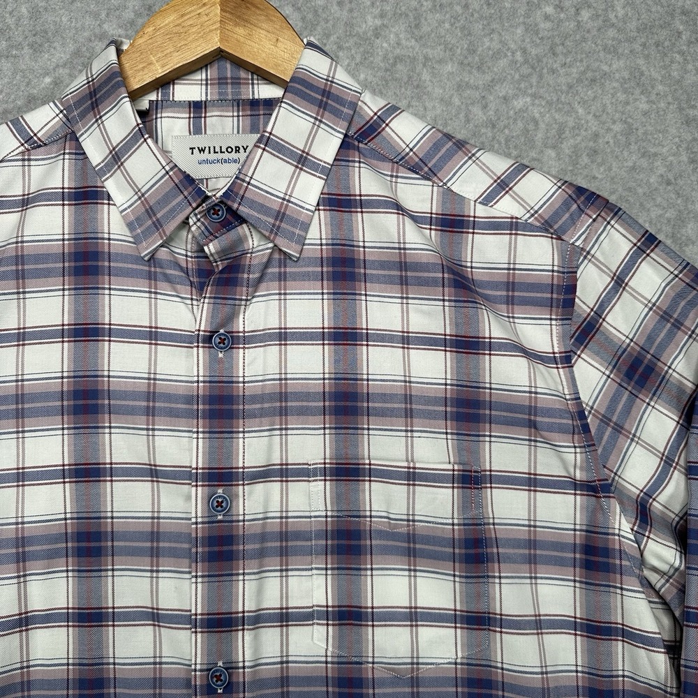 Twillory Shirt Mens Large Untuckable Non Iron Tailored Fit Plaid Preppy Blue